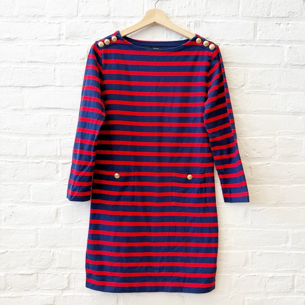 J.Crew || Mariner Cloth Shirt-Dress Gold‎ Buttons Red Navy Stripes XS